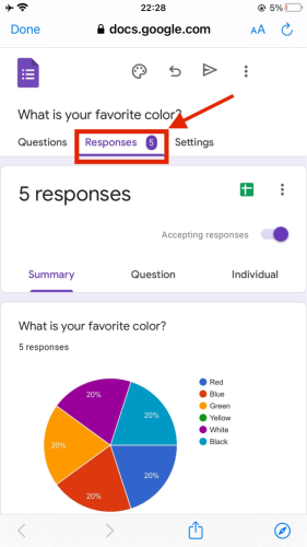 How to find answers on google form guide, clicking on the Responses tab.
