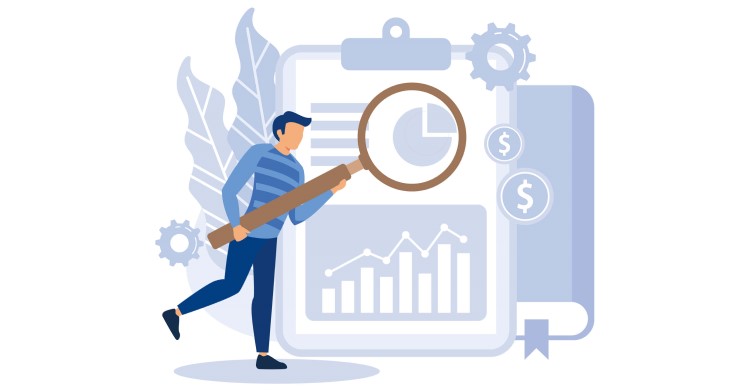 Live Chat Financial Statistics concept, a man with magnifying glass is looking at financial statistics.