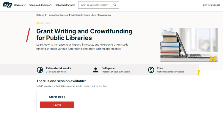 Online Writing Course, Grant Writing and Crowdfunding for Public Libraries.
