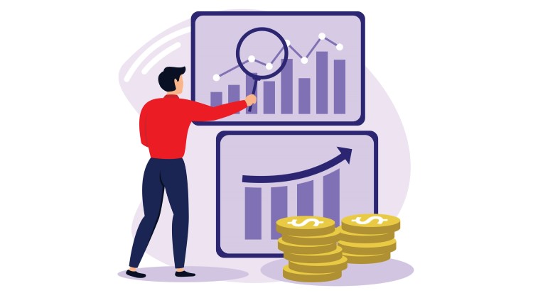 Reddit Revenue Statistics concept, a man with magnifying glass is monitoring profits.