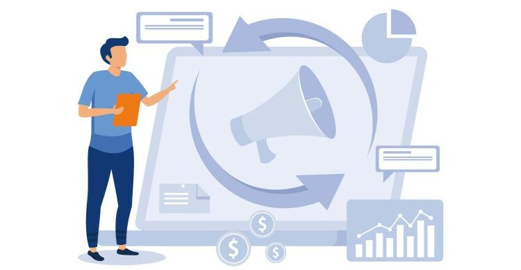 Retargeting statistics concept, a male with notes is standing next to a big screen with arrows going in a circle around loudspeaker on it. and other marketing-related icons