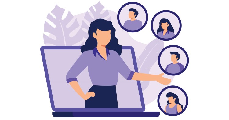 SaaS Customer Statistics concept, a woman on the big laptop screen and icons with customers around her.