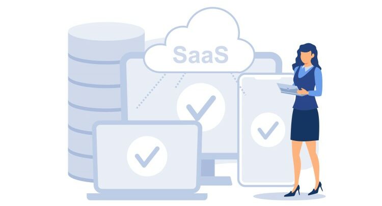 SaaS statistics concept, a female is standing in front of big laptop, computer and phone icons and SaaS acronym in the cloud icon.