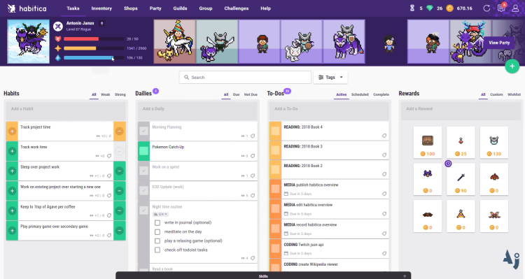 Time management app, Habitica UI.