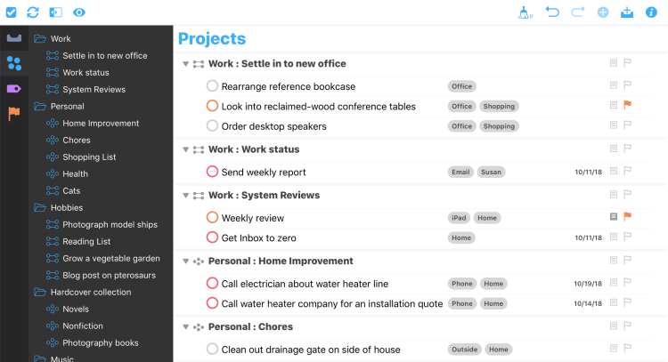 Time management app, OmniFocus UI.