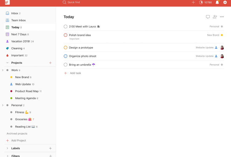 Time management tool, Todoist UI.