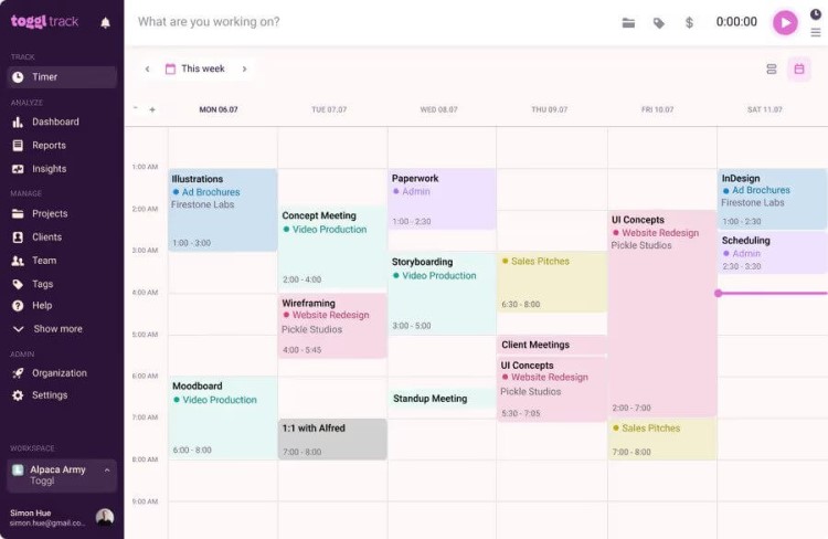 Best time managemen app for work schedule, TogglTrack UI.