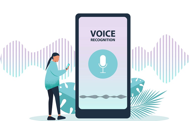 A woman look for voice search statistics and the newest trends.