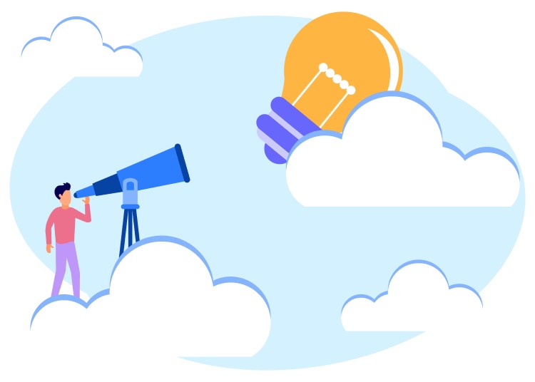 Blog name inspiration concept, a cartoon character is looking at the big light bulb on the cloud.