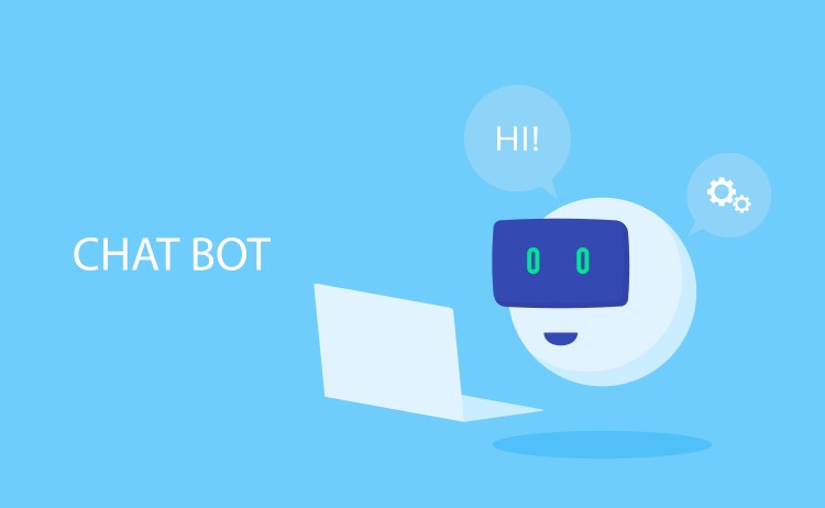 Chatbot statistics concept, a robot is sitting with a loptop and saying "Hi!."