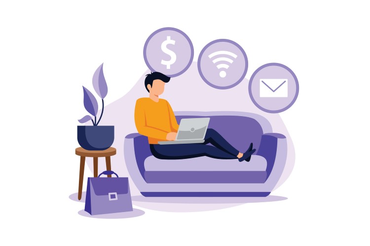 Digital nomad statistics concept, a man is sitting with a laptop on the couch with dollar, wifi, email icons above him.