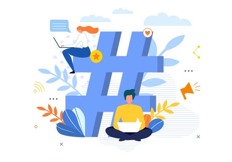 Friendship hashtags for Instagram concept, a girl with a laptop is sitting on a big hashtag and a boy with a laptop is sitting next to it.