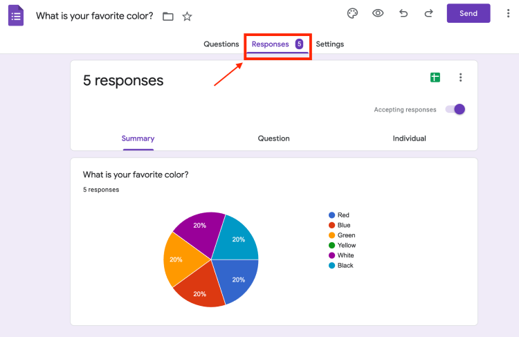 how to find answers on google form guide, clicking on the form responses tab.