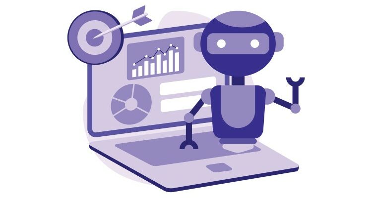 Machine learning statistics concept, a laptop with Ai powered marketing tools on the screen, target icon and chatbot icon.