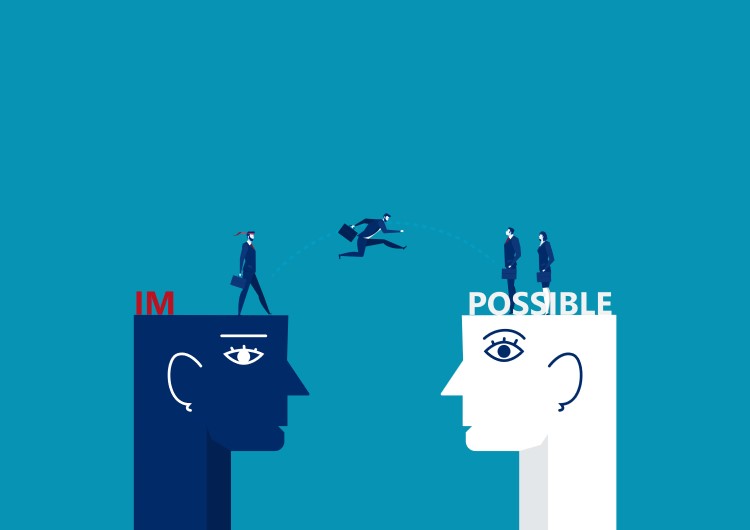 Self-change concept, Business man jumping over big head and breaking the impossible into posible.