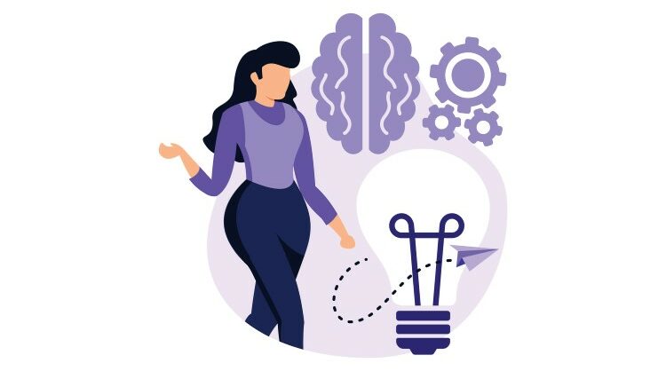 Self-change quotes concept, a woman is standing next to light bulb, brain and gear icons.