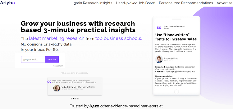 Ariyh is a newsletter service that gives you marketing tips based on evidence twice per week.