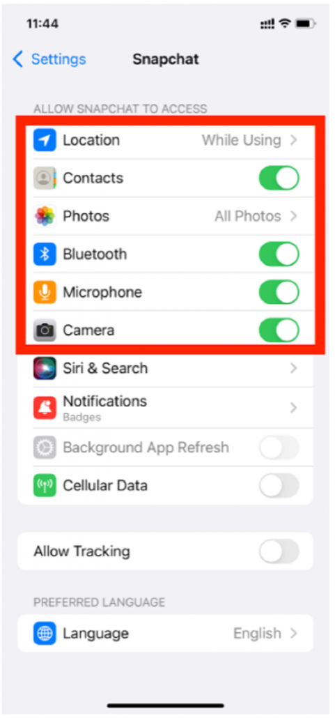 On an iPhone, select “Snapchat” from your “Settings” menu.
