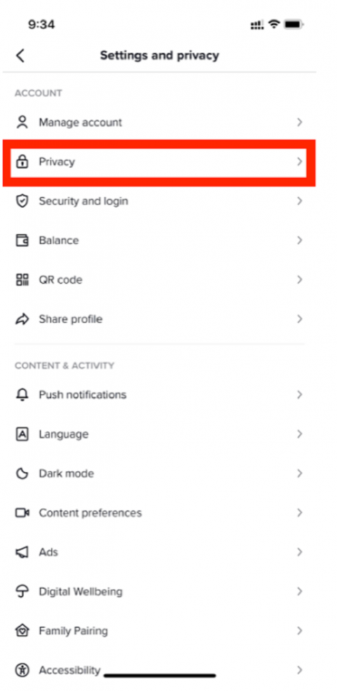 Select “Privacy” under the “Account” section.
