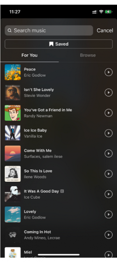 When you’re in Instagram’s music library, you can select a song title to play over your story.