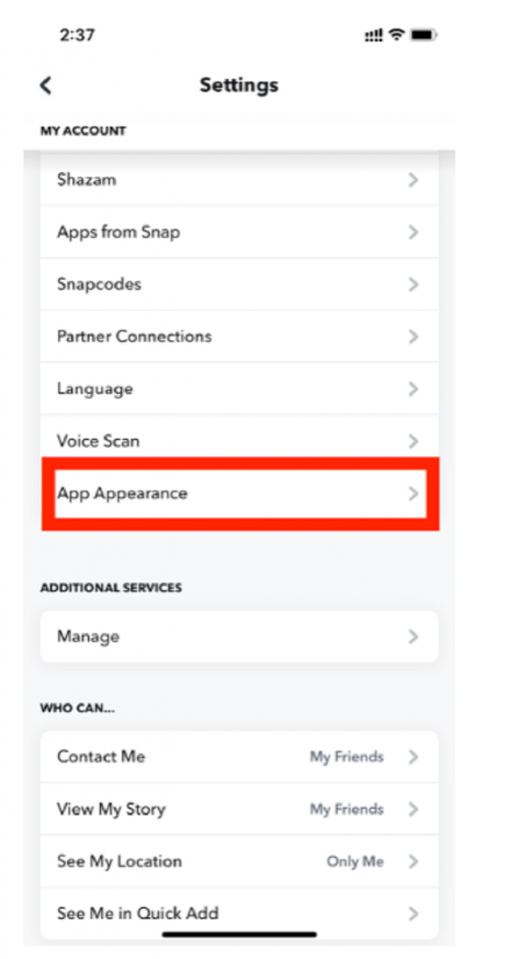From the settings menu, scroll down until see you “App Appearance” under “My Account.”
