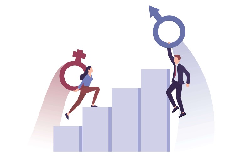 Female versus male CEO stats concept, a woman and a man are carrying their gender symbols while climbing a career ladder.