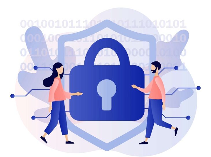 SSL Certificate stats concept, a man and a woman are moving towards each other with a security icon at the background.