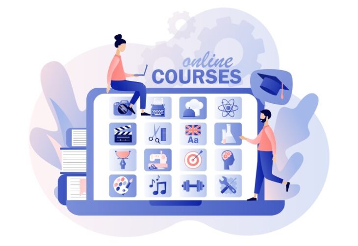 Free online courses concept, a tiny girl is sitting on a big screen showing different courses.