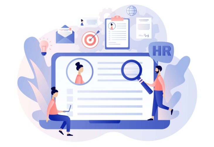 HR department statistics, a man with magnifying glass is looking at a candidate profile.