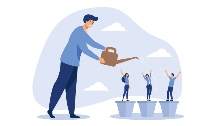 HR training statistics concept, a HR manager is watering employees as if flowers.