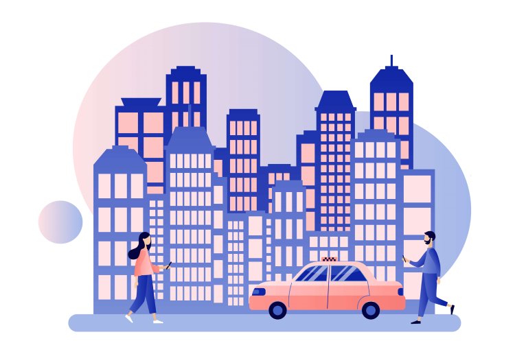 Uber stats concept, a man and a woman are waiting for taxi around skyscrapers.