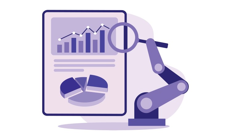 Business process automation statistics, a tool is holding a magnified glass over the business data.