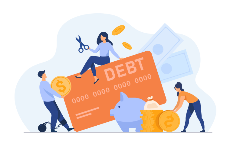 Credit card debt statistics concept, a woman is sitting on a credit card with big debt , she holds scissors in her hands to cut it.