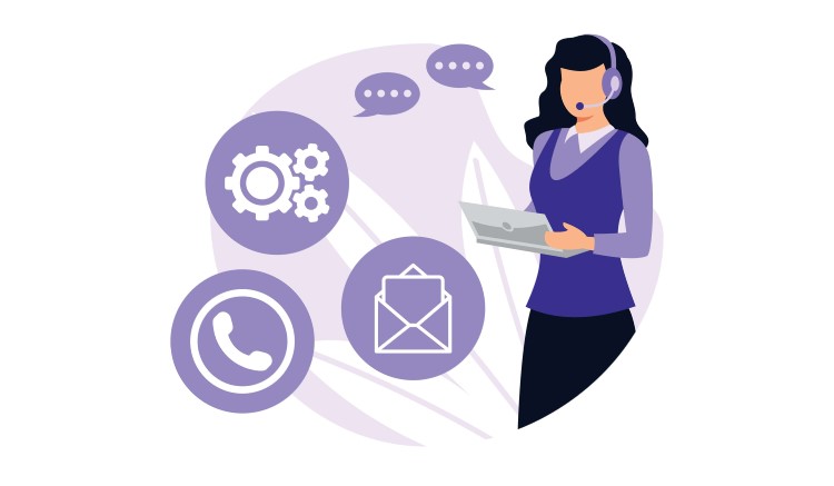 Business automation for customer service statistics, a woman is talking with a client, incoming call, message, gear icons and bubble speech icons around her.
