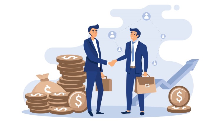 Business networking statistics concept, two businessmen take handshakes with coins and networking symbols around them