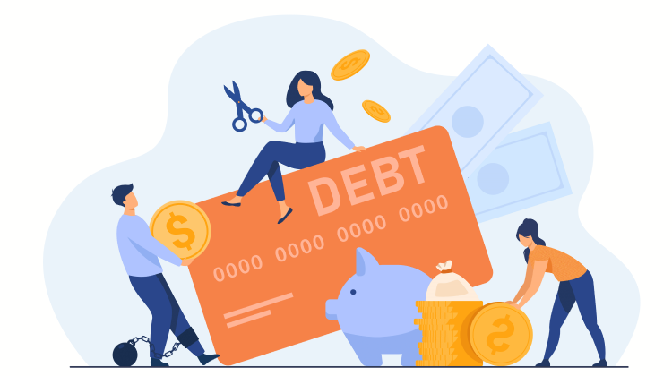 General credit card debt statistics concept, a woman is sitting on a big credit card with scissors in her hands.