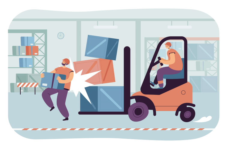 Workplace injury statistics concept, one man is driving a truck and hit the other worker carrying the box.