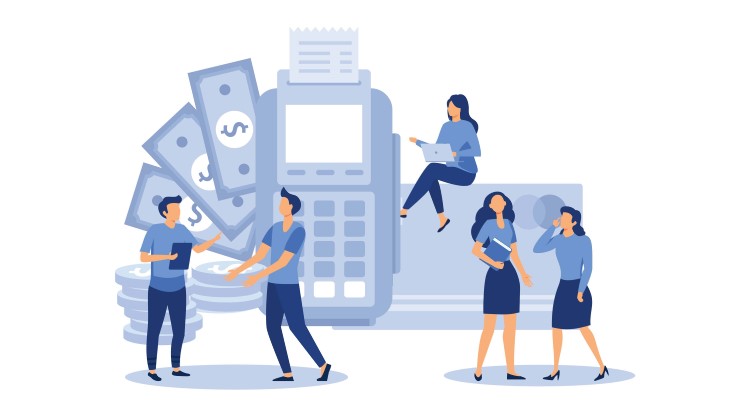 Payroll statistics concept, employees and an accounter are discussing money matters with money, terminal and credit card symbols. around them