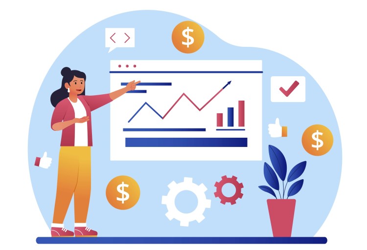 SMS marketing revenue statistics, a woman is standing next to the graph with coins symbols around it.