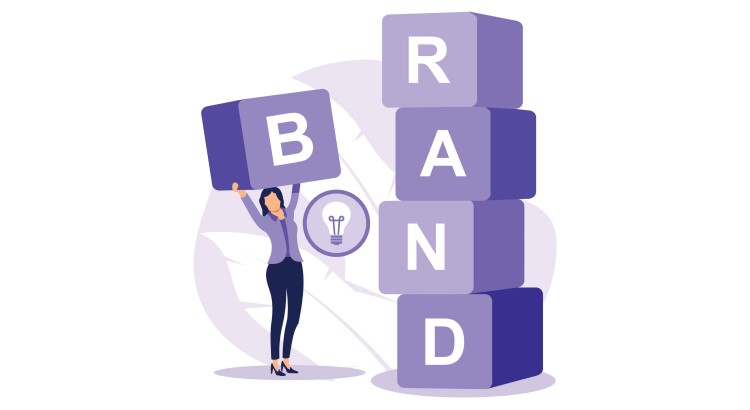 Branding statistics concept, a woman is collecting the word brand letter by letter.