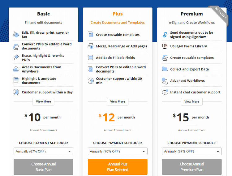 There are three pricing plans for pdfFiller.