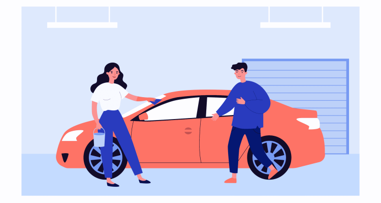 Car captions for Instagram for girls concept, a girl and a man are standing next to a car. while cleaning it