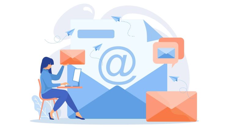 Cold email subject lines concept, a woman with a laptop is sitting on the chair next to electronic email box symbol.