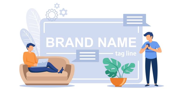 Funny Brand Slogans concept, a man is sitting on a couch with a brand name tag line on business card behind him..