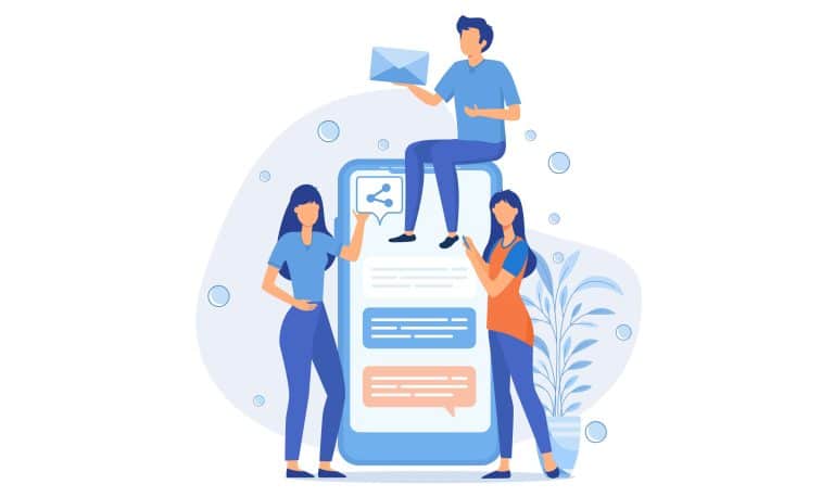 Instagram bio examples concept, a man and two women are thinking of what to include in bio with a big phone on the background.