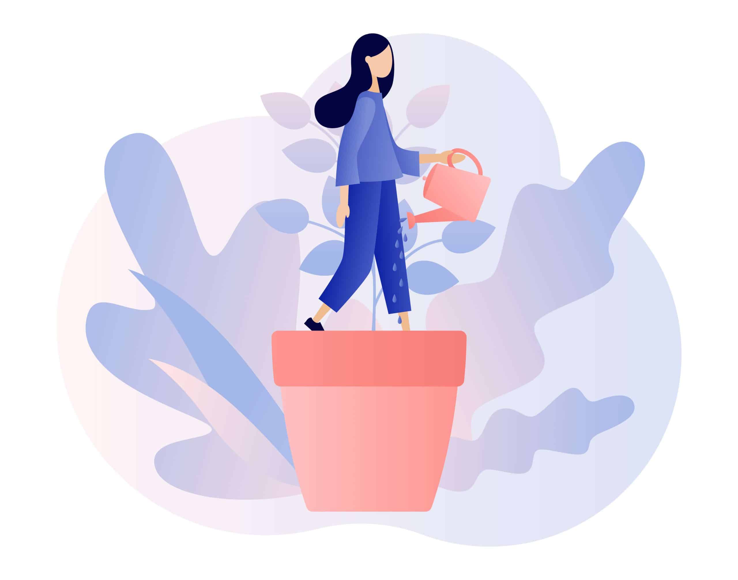Self-Confidence positive affirmations concept, a girl is pouring down while standing in a vase as a flower.