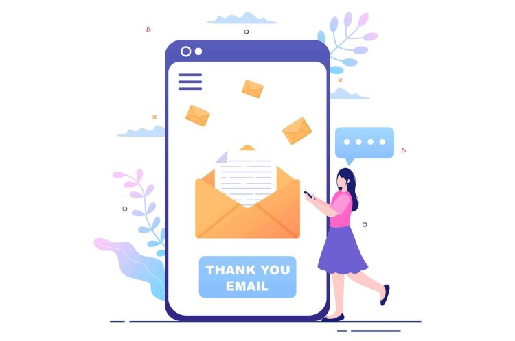 Thank You for Your Order Template With Call-To-Action, a girl is passing by a big phone while receiving a thank you email.