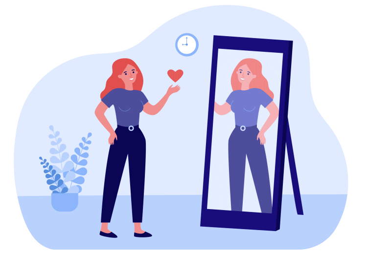 Things to Be Grateful for concept, Woman looking in mirror and sending heart to reflection