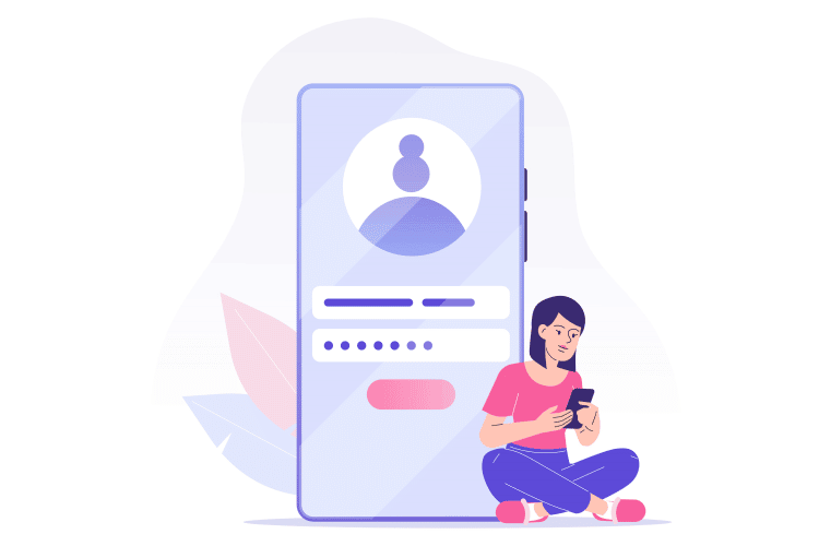 Aesthetic names for girls concept, a girl is sitting next to a big phone while filling in login in details.