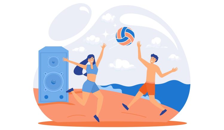 Beach captions concept, a girl and a boy are playing volleyball at the beach.